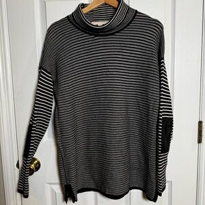 Belldini Black White Striped Cowl Neck Sweater Elbow Patches L 100% Pima Cotton